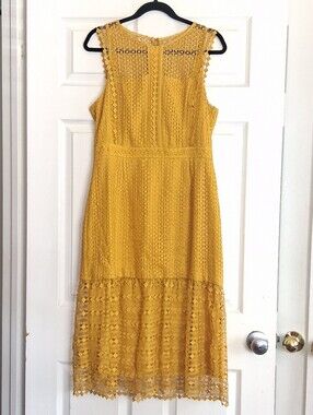 Tahari ASL Sleeveless Geometric Lace Mustard Yellow Midi Dress